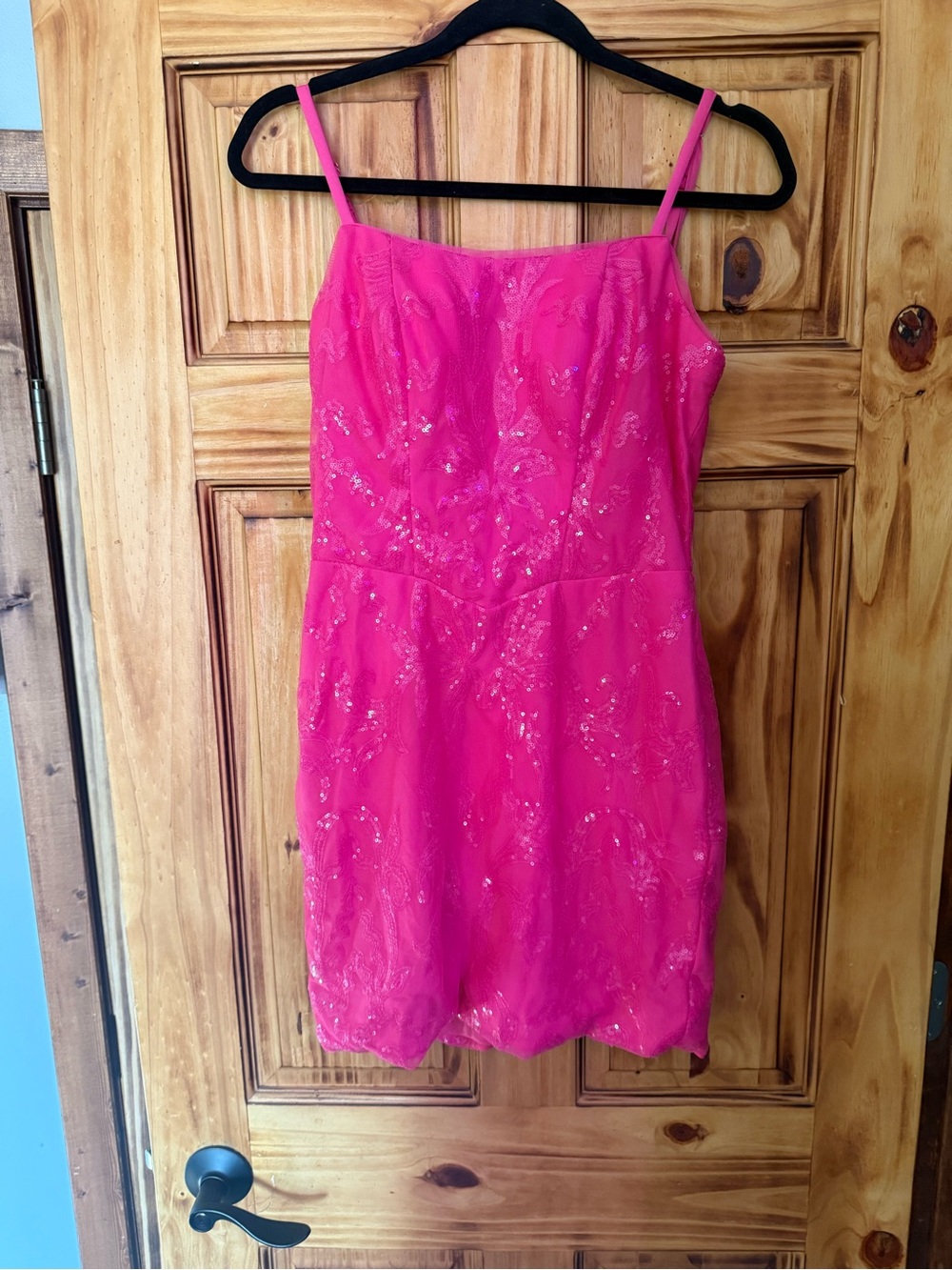 Hot Pink Sequin Mini Dress with Spaghetti Straps